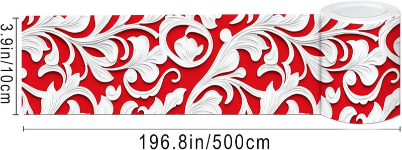 IVN Wallpaper Border Baroque Red Floral Embossed Pattern Design 4x196 Inch Peel and Stick Wallpaper Border for Mirror Frame Bathroom Laundry Room Pool Area Living Room Wall Decor - Image 3
